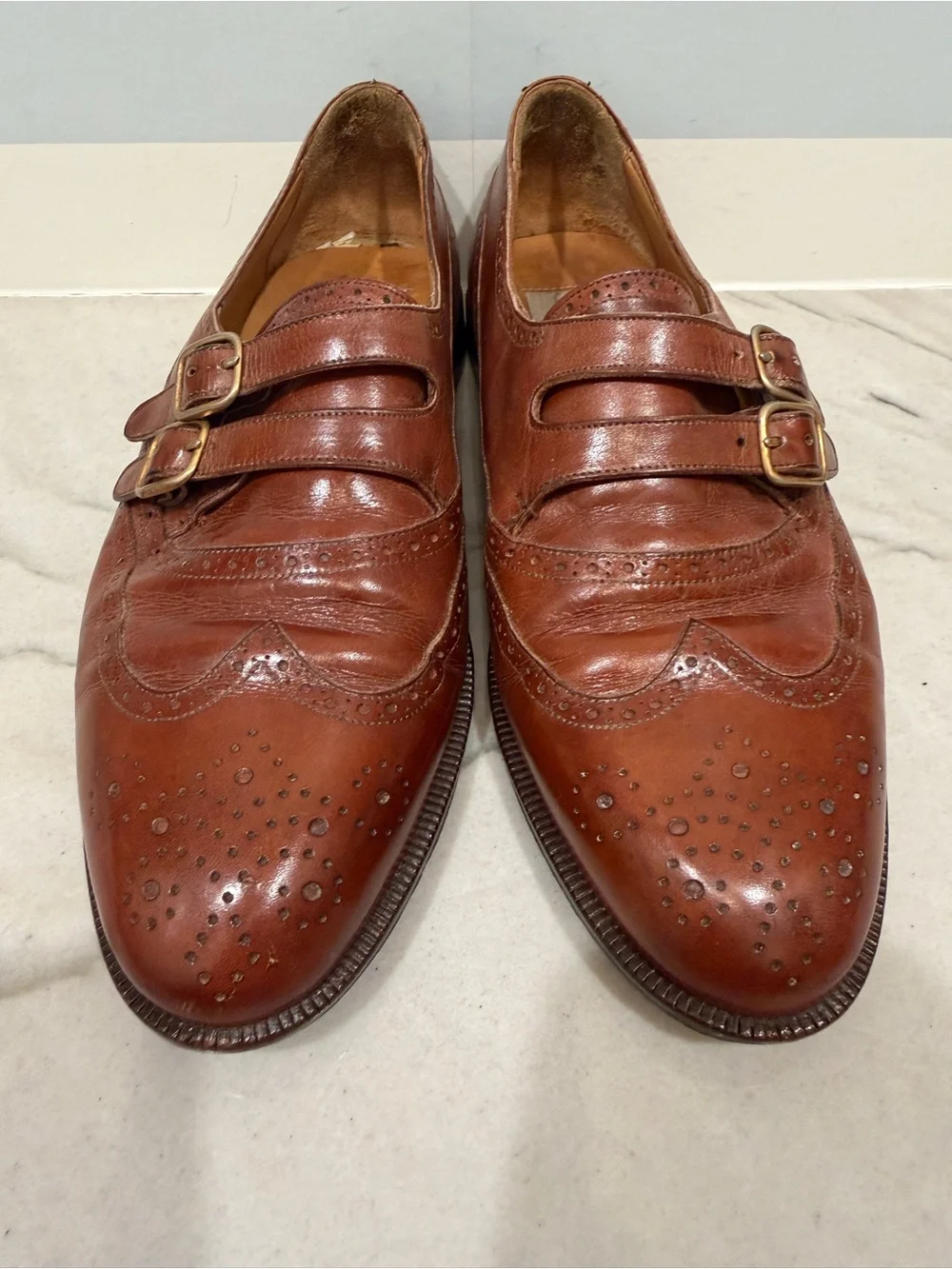 Mezlan Men's Brown Double Monk Wingtip Leather Shoes Geneva Made in Spain size 9